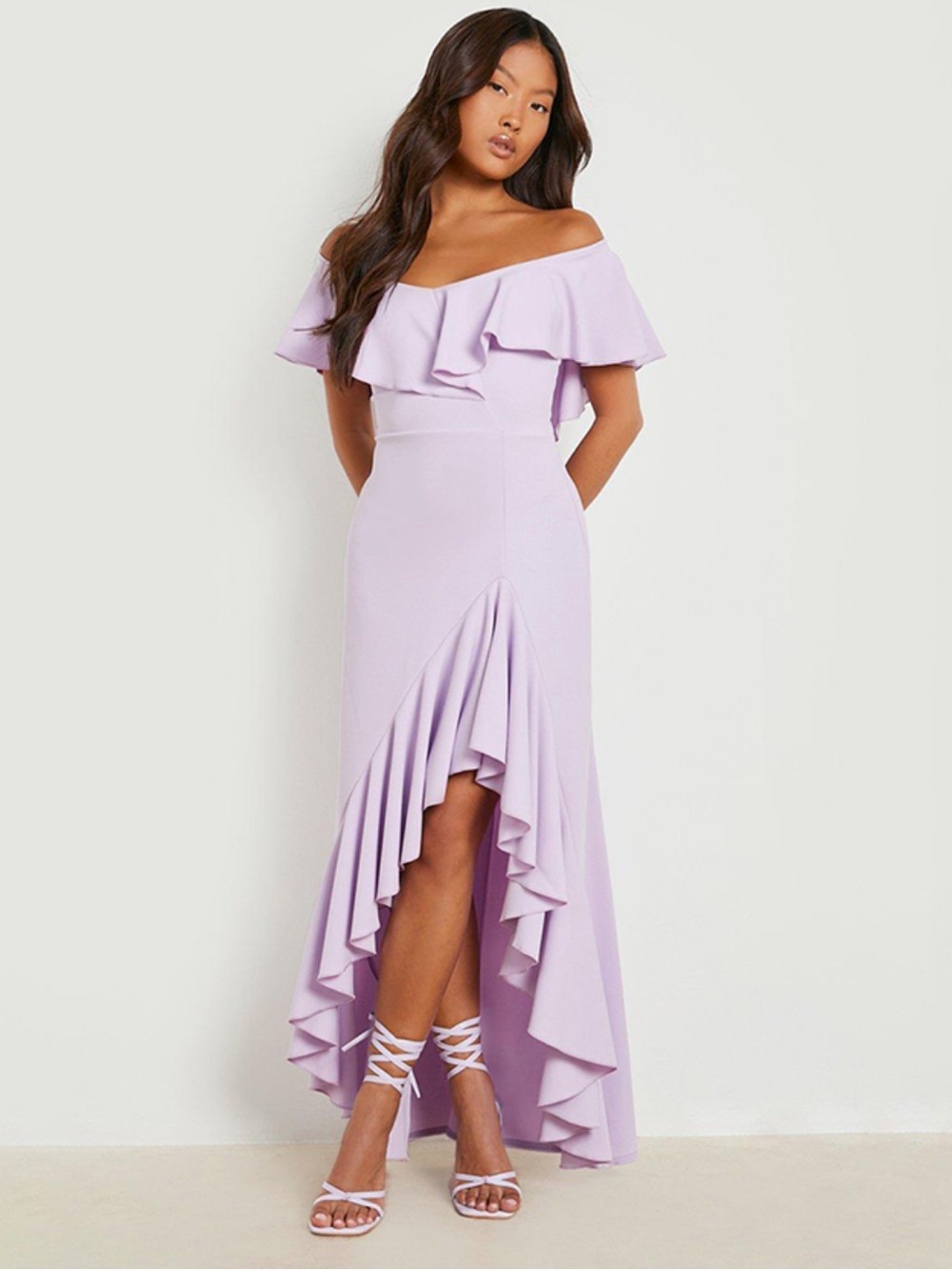 NWT Boohoo Ruffle Bardot Split Leg Maxi Dress lilac size XS